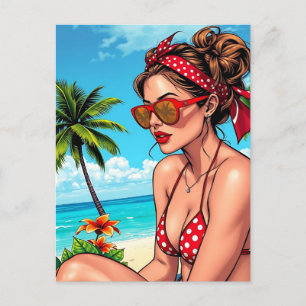 Red Bikini, Sonnenbrille und Bandana Frau Postkarte