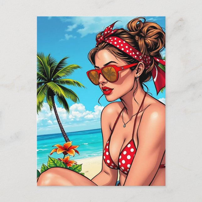Red Bikini, Sonnenbrille und Bandana Frau Postkarte (Vorderseite)