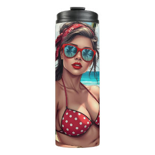 Red Bikini, Sonnenbrille und Bandana Frau Thermosbecher