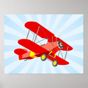 Red Biplane Grafik mit Blue Star Burst Poster