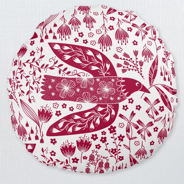 Red Bird Art Rundes Kissen (Red and white peace dove folk art pillow)