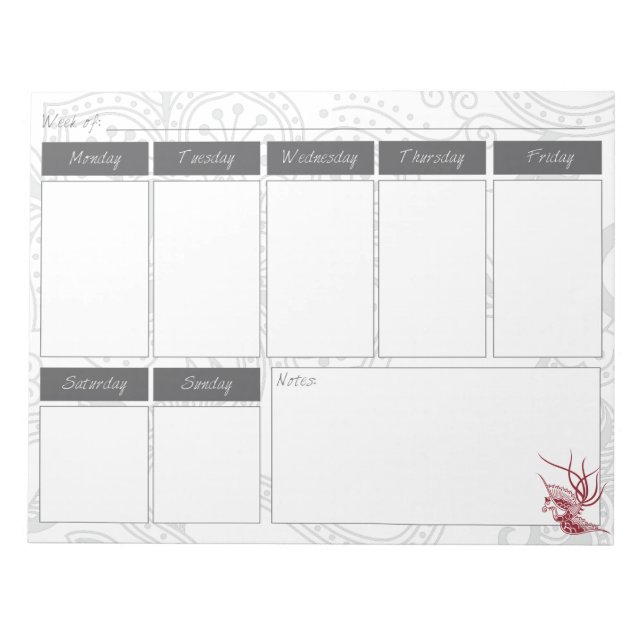 Red Bird & Floral Muster Wochenkalender Notepad Notizblock (Vorderseite)
