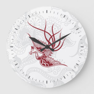 Red Bird & Floral Pattern Wall Clock Große Wanduhr