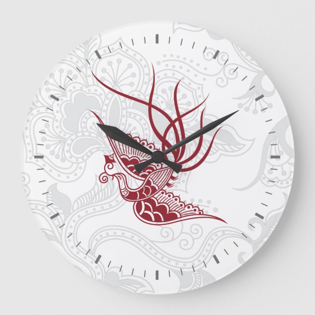 Red Bird & Floral Pattern Wall Clock Große Wanduhr (Vorderseite)