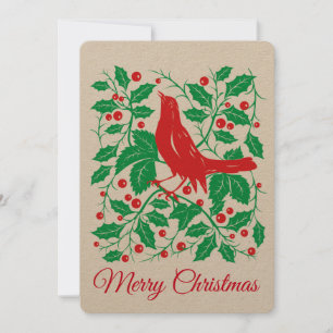 Red Bird & Holly mit Berries Flat Holiday Card Feiertagskarte