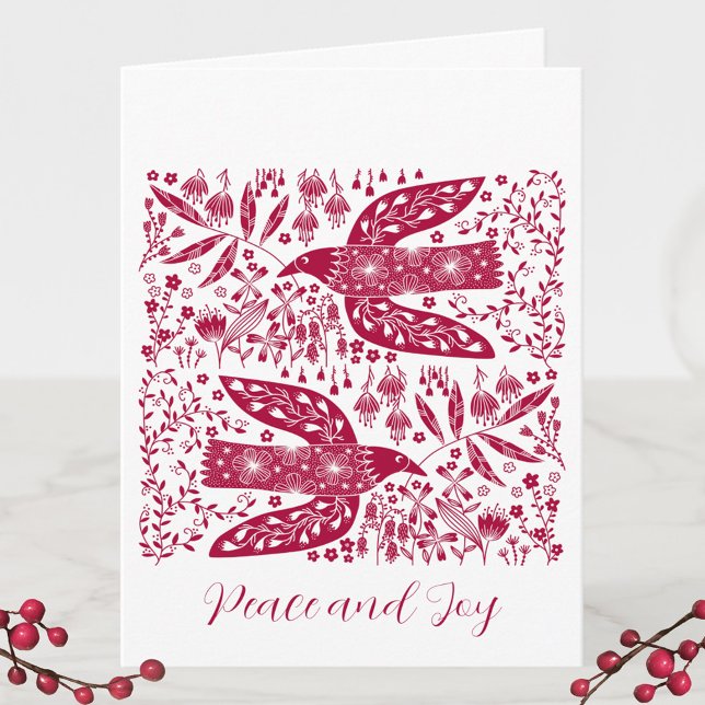 Red Bird Weihnachten (Peace doves red and white bird and flower Holiday card)