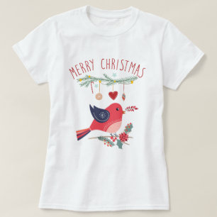Red Bird & Wreath Skandinavien WeihnachtsFolklorek T-Shirt