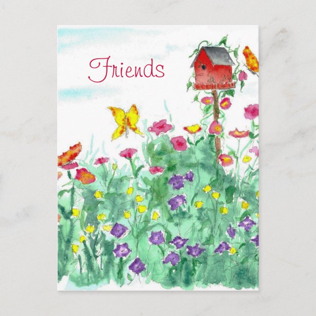 Red Birdhouse Butterfly Flower Garden Friends Postkarte (Vorderseite)