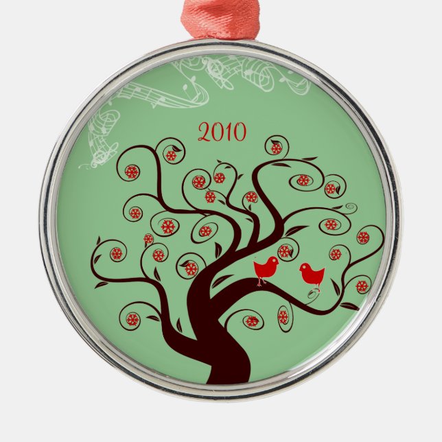 Red Birds Swirl Tree Christmas Ornament Aus Metall (Vorne)
