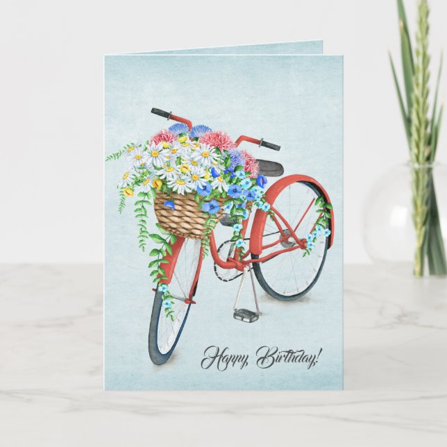 Red Birthday Bicycle Blume Basket Karte (Vorderseite)