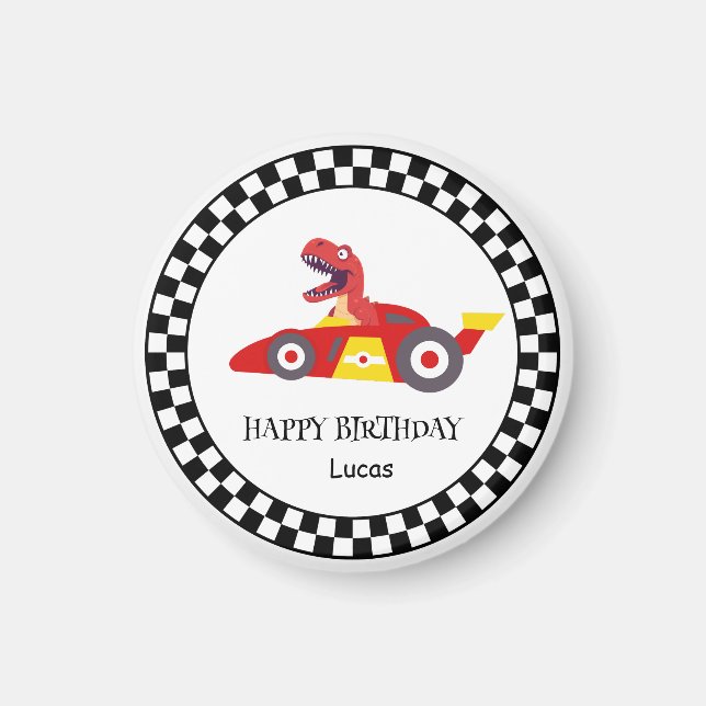 Red Birthday Dinosaurier Rennfahrer Kindername Magnet (Vorne)
