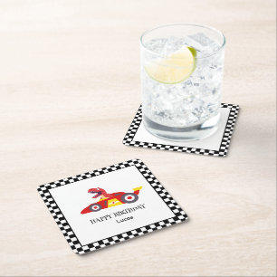 Red Birthday Dinosaurier Rennfahrer Kindername Rechteckiger Pappuntersetzer