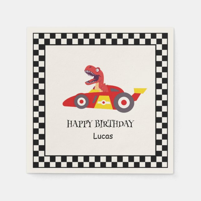 Red Birthday Dinosaurier Rennfahrer Kindername Serviette (Vorderseite)