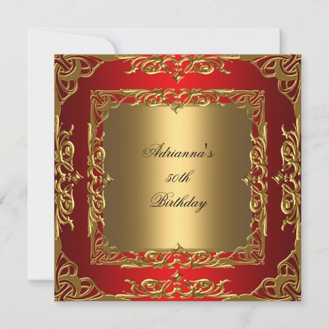 Red Birthday Party Gold Lace 50. Gold Overlay Einladung (Vorderseite)