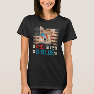 Red Bite and Blue Corgi Dog American USA Flag 4. T-Shirt