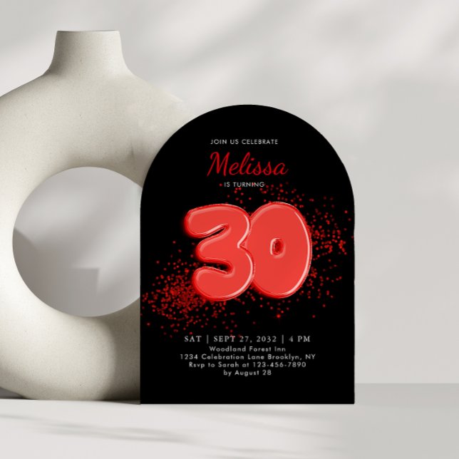 Red Black 30. Balloons Confetti Birthday Arch Einladung (Von Creator hochgeladen)