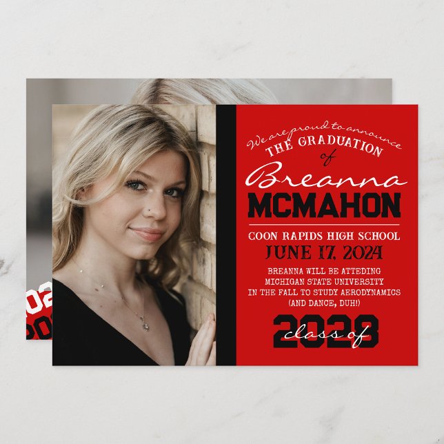 Red & Black Abschluss 2 Foto Ankündigung ( Repeating Class Year 1 & 2 Photo Graduation Invitations & Announcements)