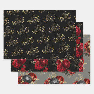 Red Black and Gold Floral Geschenkpapier Set