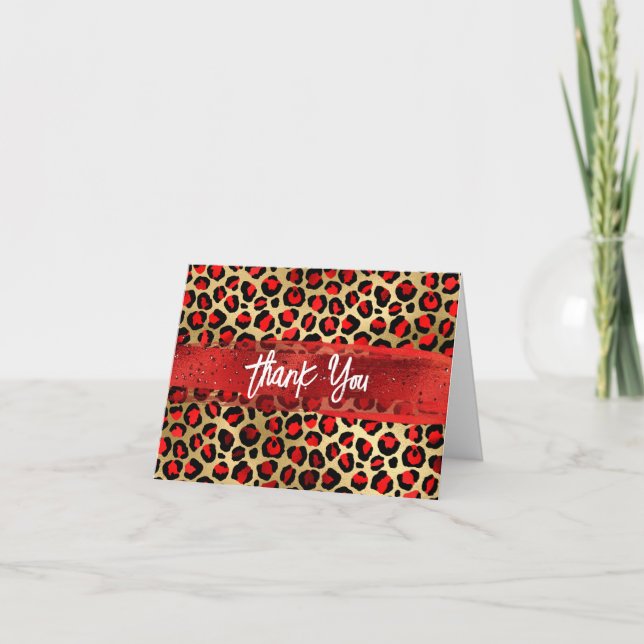 Red Black and Gold Foil Leopard Pinselstriche Dankeskarte (Vorderseite)