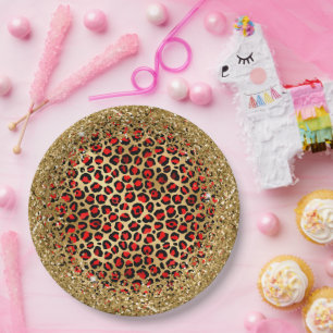 Red Black and Gold Glittery Foil Leopard Glam Pappteller