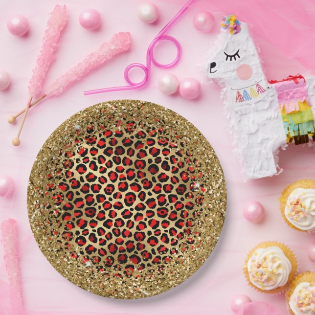 Red Black and Gold Glittery Foil Leopard Glam Pappteller (Party)