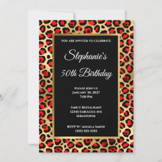 Red Black and Gold Leopard Glam 50. Geburtstag Einladung