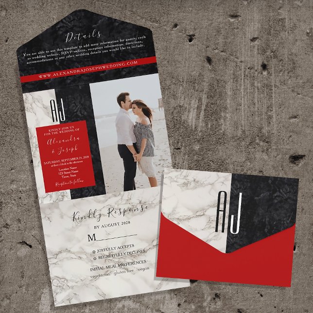 Red Black and White Monogram Wedding All In One Einladung (Von Creator hochgeladen)