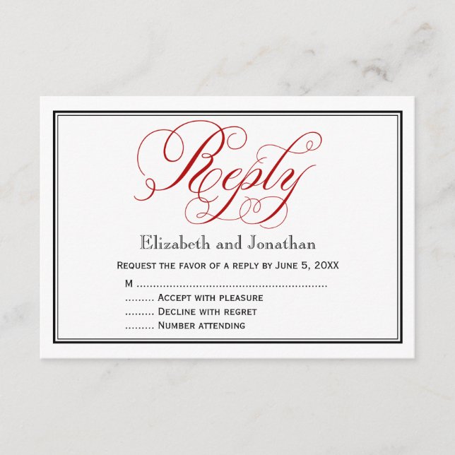 Red Black and White Script Wedding Repcard RSVP Karte (Vorderseite)