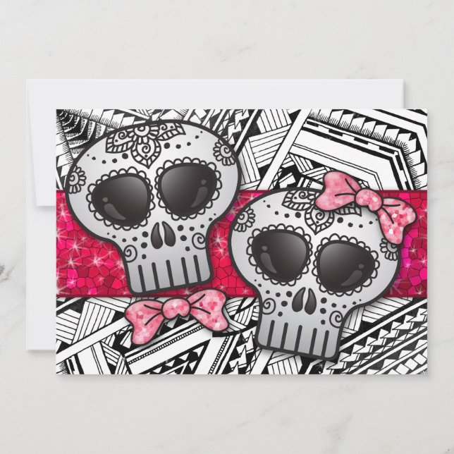 Red Black and White Sugar Skull Wedding Glitzer Einladung (Rückseite)