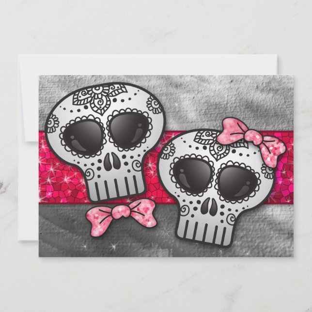 Red Black and White Sugar Skull Wedding Glitzer Einladung (Rückseite)