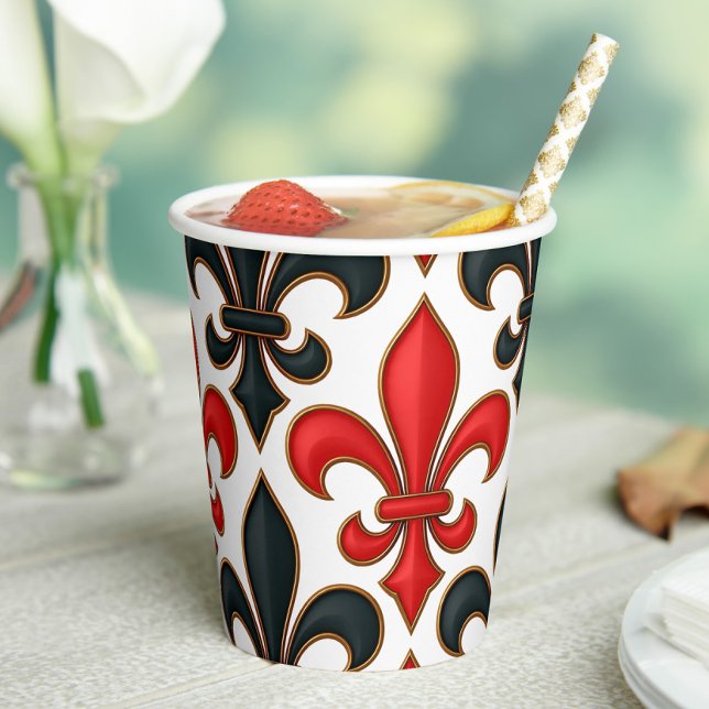 Red Black Baroque Fleur-de-lis Pattern Design  Pappbecher (Von Creator hochgeladen)