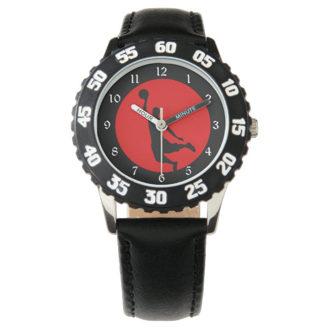 Red Black Basketball Silhouette Armbanduhr (Vorderseite)