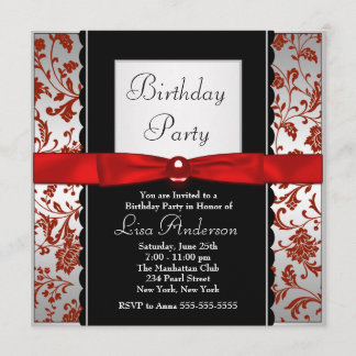 Red & Black Bow Krawatten Damask Geburtstagsparty Einladung