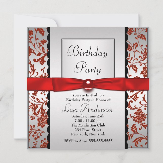 Red & Black Bow Krawatten Damask Geburtstagsparty Einladung (Vorderseite)