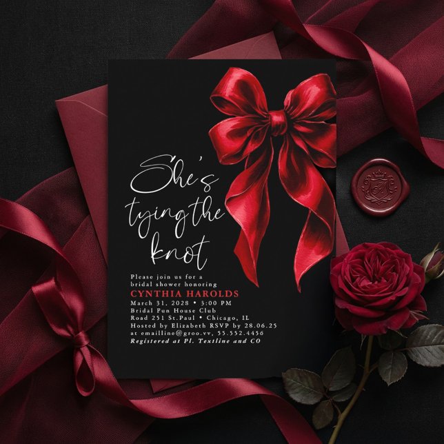 Red Black Bow She's Tying the Knot Bridal Shower Einladung (Black Bridal Shower Invitation With Red Bow She's Tying The Knot Chic Moody Gothic Romantic)