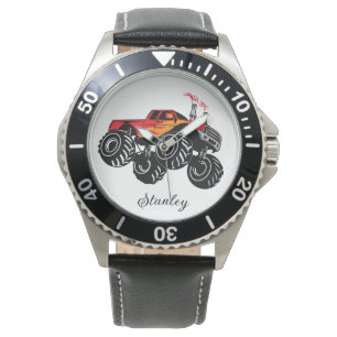 Red & Black Boys Name Personalisiert Monster Truck Armbanduhr