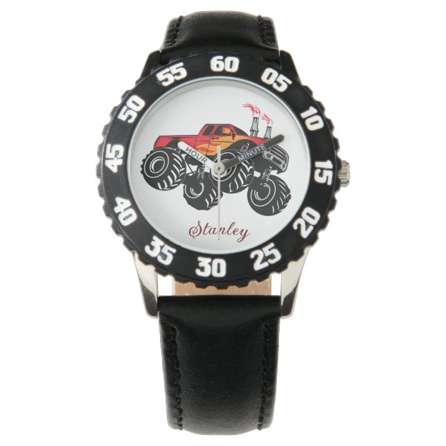 Red Black Boys Name Personalisiert Monster Truck Armbanduhr (Vorderseite)