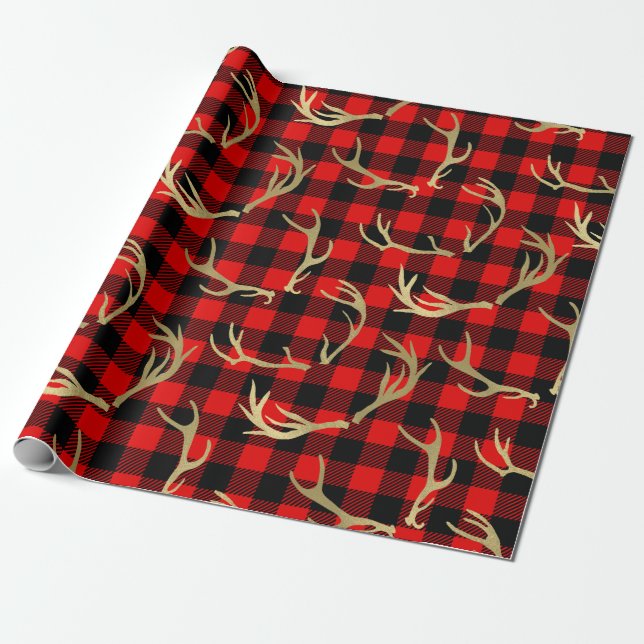 Red & Black Buffalo Kariert & Gold Deer Antlers Geschenkpapier (Ungerollt)