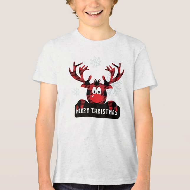 Red & Black Buffalo Kariert Rentierweihnachtsfest Tri-Blend Shirt (Vorderseite)