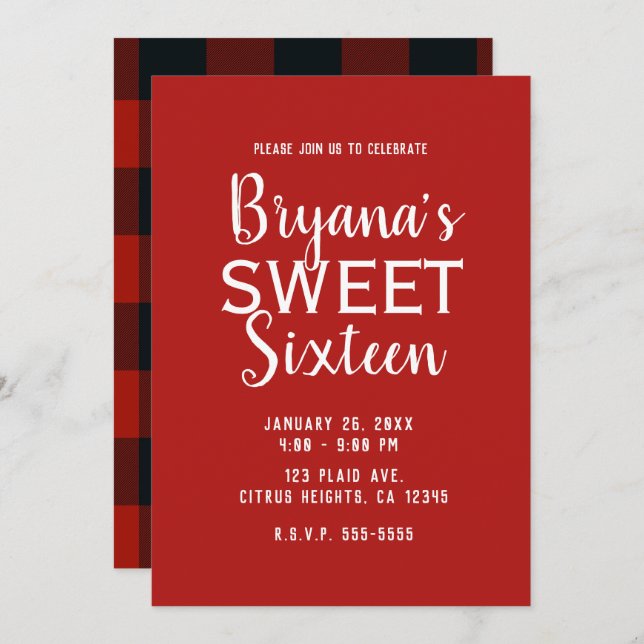 Red & Black Buffalo Kariert Sweet 16 Geburtstagspa Einladung (Vorne/Hinten)