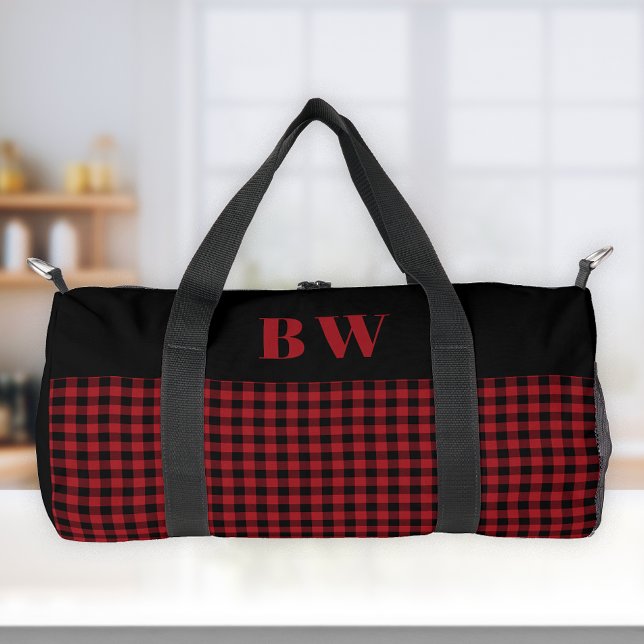 Red Black Buffalo Karo Kariert Bold Monogram Duffle Bag (Von Creator hochgeladen)