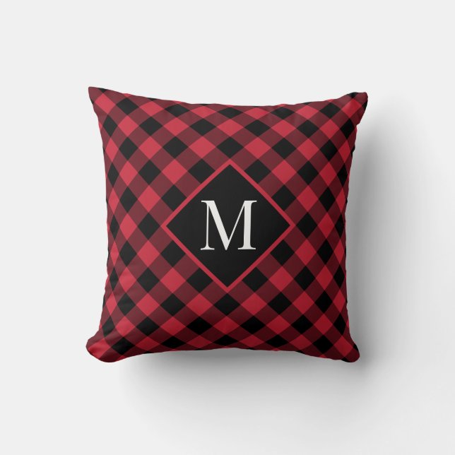 Red Black Buffalo Karo Pattern Modernes Monogramm Kissen (Vorderseite)