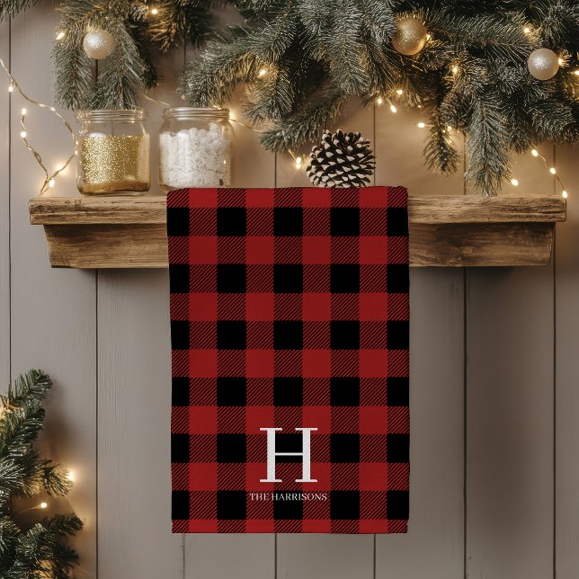 Red Black Buffalo Plaid Monogram Holiday Geschirrtuch (Von Creator hochgeladen)