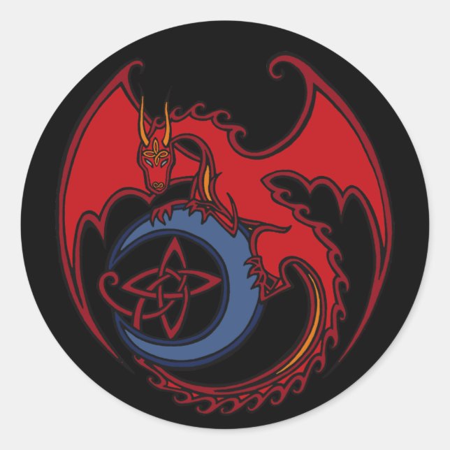 Red Black Celtic Dragon und Blue Moon Zeichnend Runder Aufkleber (Vorderseite)