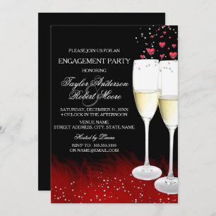 Red Black Champagne & Hearts Engagement Party Einladung