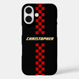 Red Black Checkered Racing Flag Gold Mit Monogramm iPhone 16 Hülle