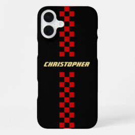 Red Black Checkered Racing Flag Gold Mit Monogramm iPhone 16 Plus Hülle