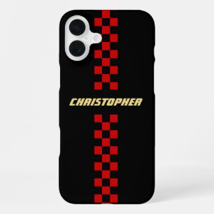 Red Black Checkered Racing Flag Gold Mit Monogramm iPhone 16 Plus Hülle