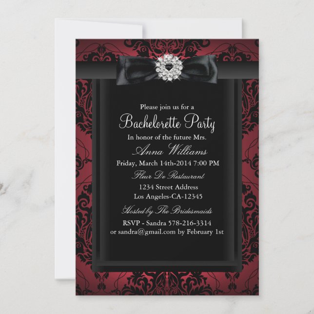 Red & Black Chic Damask Junggeselinnen-Abschied Einladung (Vorderseite)