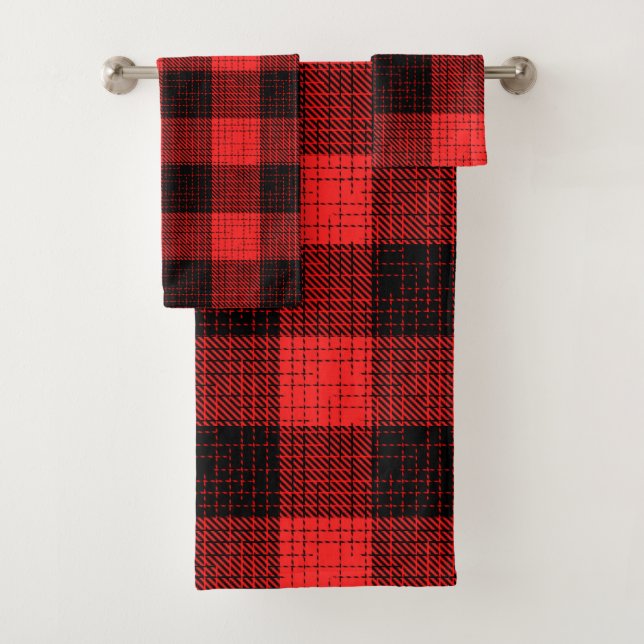  Red Black Crosshatch Buffalo Check Badhandtuch Set (Insitu)
